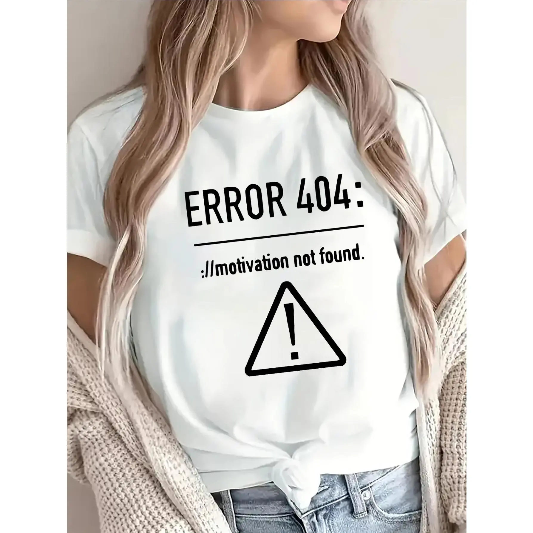Error 404 Motivation Not Found Funny Programmer Tech Warning Sign Graphic Cotton T-Shirt, Nerdy Geek Humor Crew Neck Unisex Casual Short Sleeve Tee