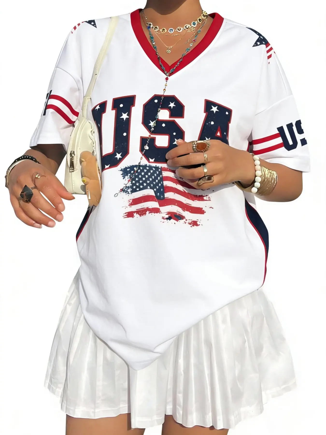 Women USA American Flag Striped Graphic V Neck Sleeves Lightweight Jersey Loose Fitting Irregular Hem T Shirt Y2K Independence Day Casual Summer Top