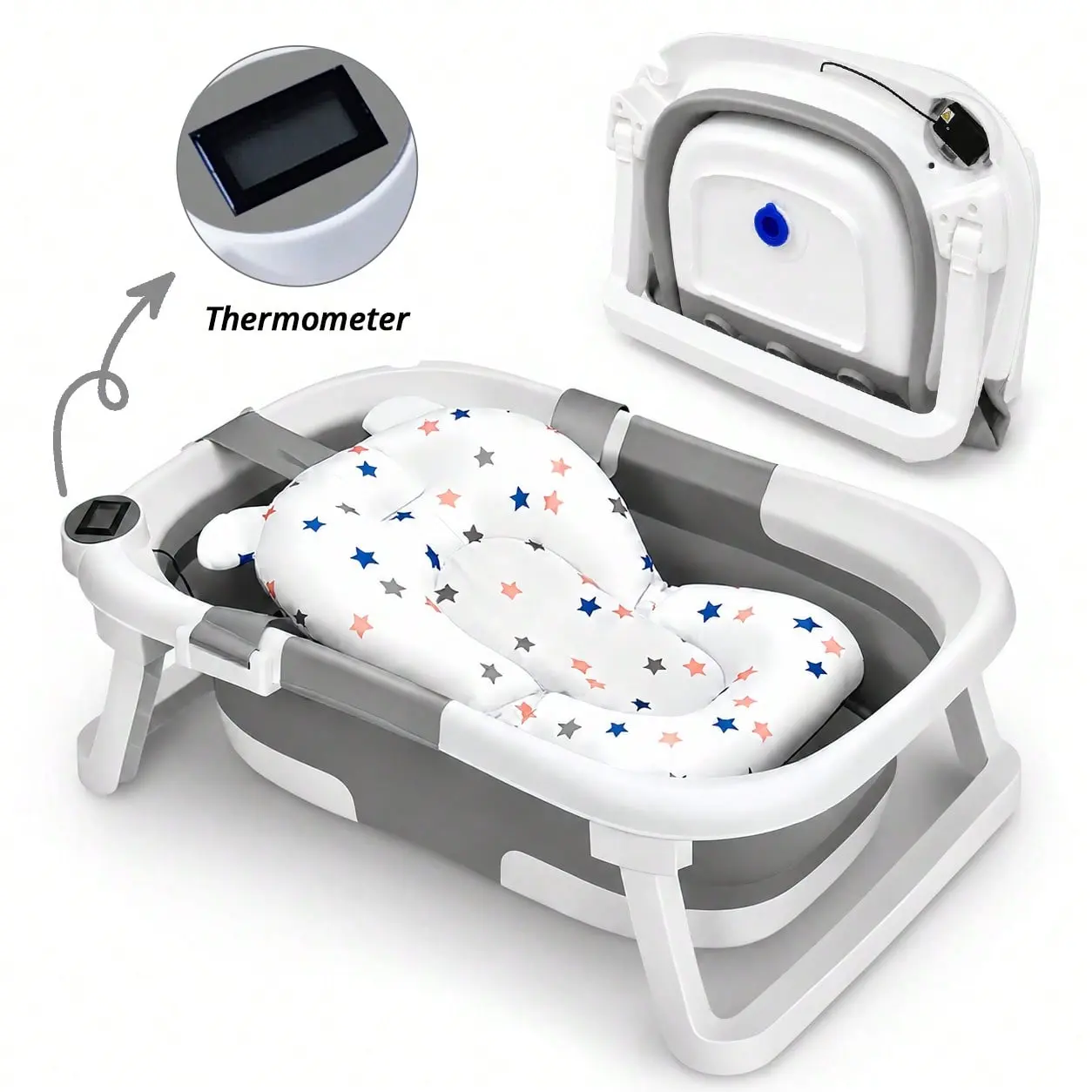COCHILDOR Foldable CPSIA-Safe Plastic Newborn Size Baby Bathtub for 0-12 Months Infants, with Soft Cushion, Thermometer, Easy-Clean Design, Portable Travel Tub (Pink & Gray/Navy Blue/Green)