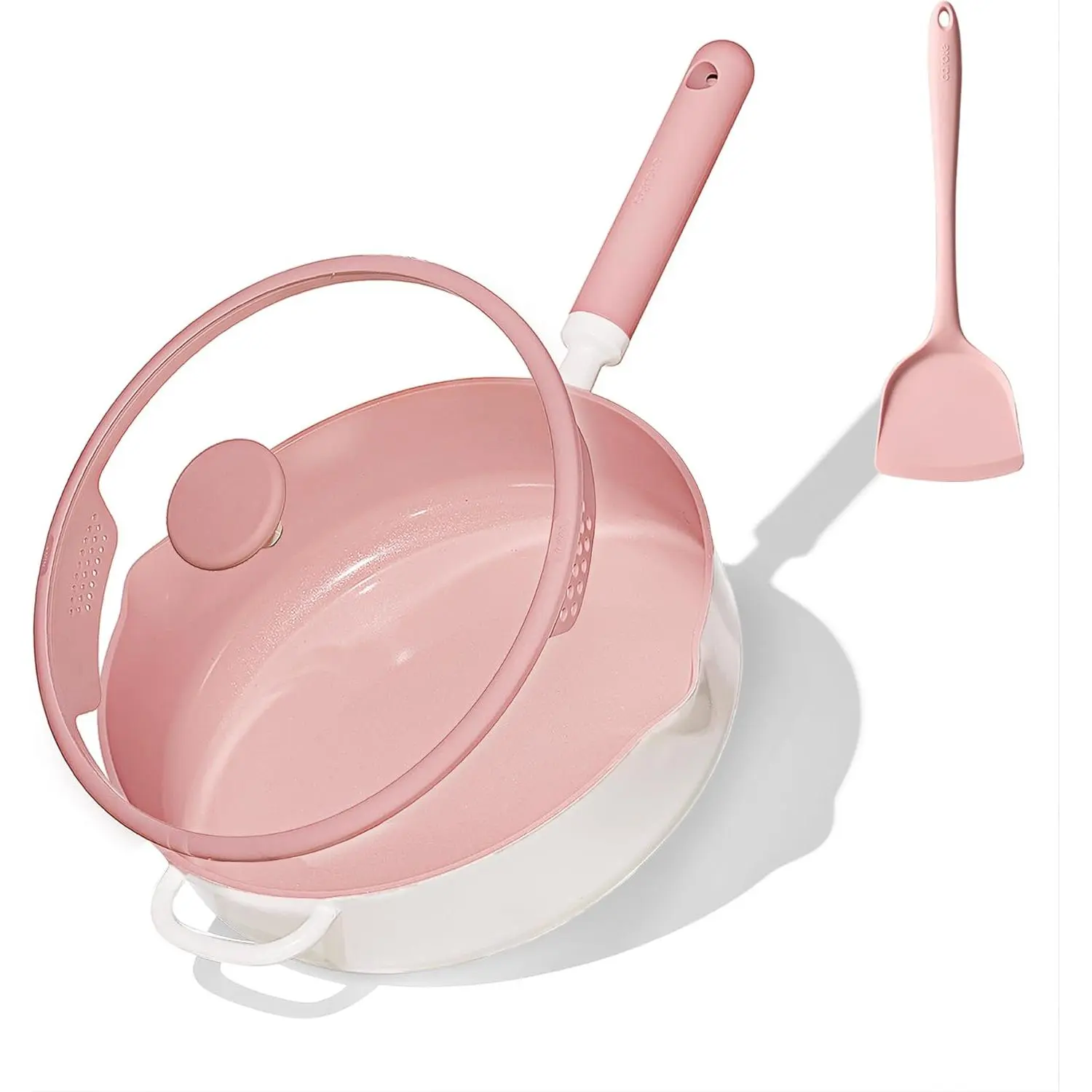 11 Inch Nonstick Deep Frying Pan with Lid, 5 Qt Saute Pan with Pour Spout, Skillet Induction Cookware, Non Stick Cooking Pan Kitchen Pan, Includes Spatula, Pink