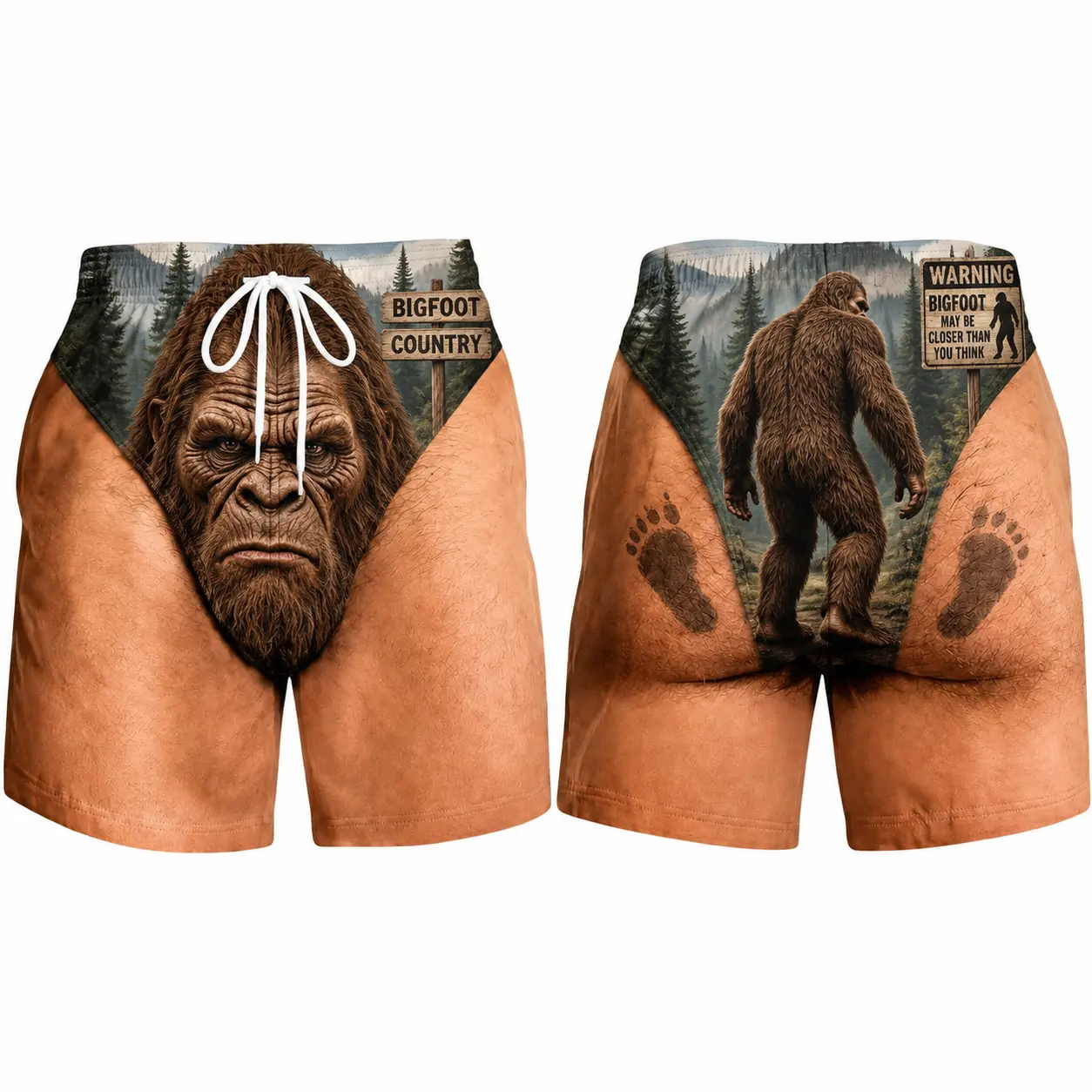 Men's Novelty Bigfoot Swim Trunks Chill Quick Dry Beach Shorts with Mesh Lining, Funny Ugly Summer Hawaiian Shirt Vacation Gifts for Him