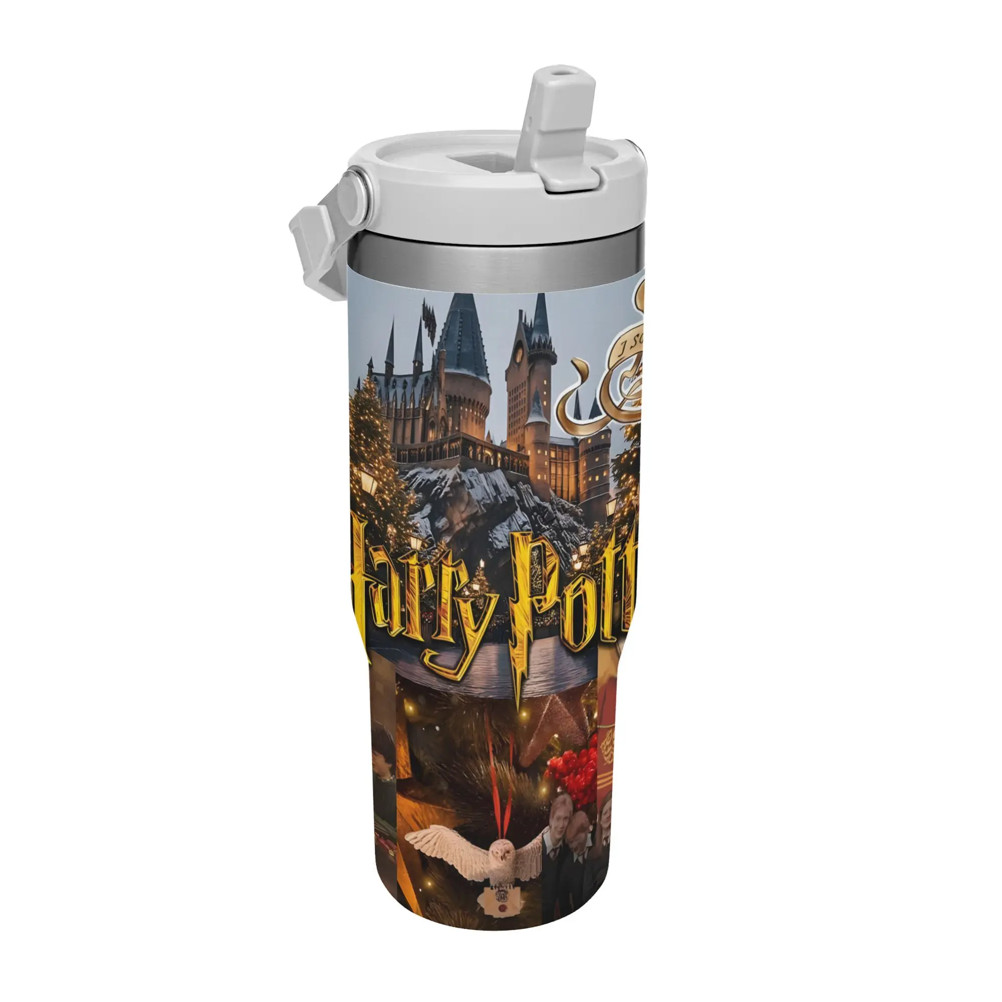 【Back to School】Warner Bros. Harry Potter Hogwarts Winter Christmas Flip Straw Tumbler 30oz Stainless Steel Vacuum Mug, Leakproof Travel Cup, Snow Castle Owl Collage, Wizard Holiday Fan Gift