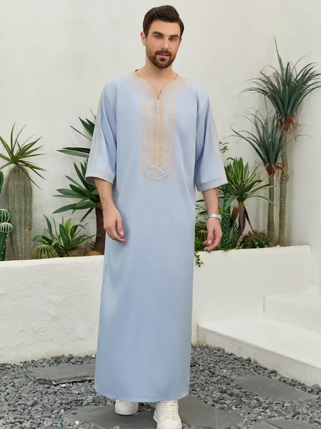 Muslim Traditional Robe Moroccan Style Modesty Islamic Thobe Men's Light Blue Mid-Sleeve Robe Embroidered Collar, Eid Al Fitr Festival Clothing, Traditional Arabic Robe For Men