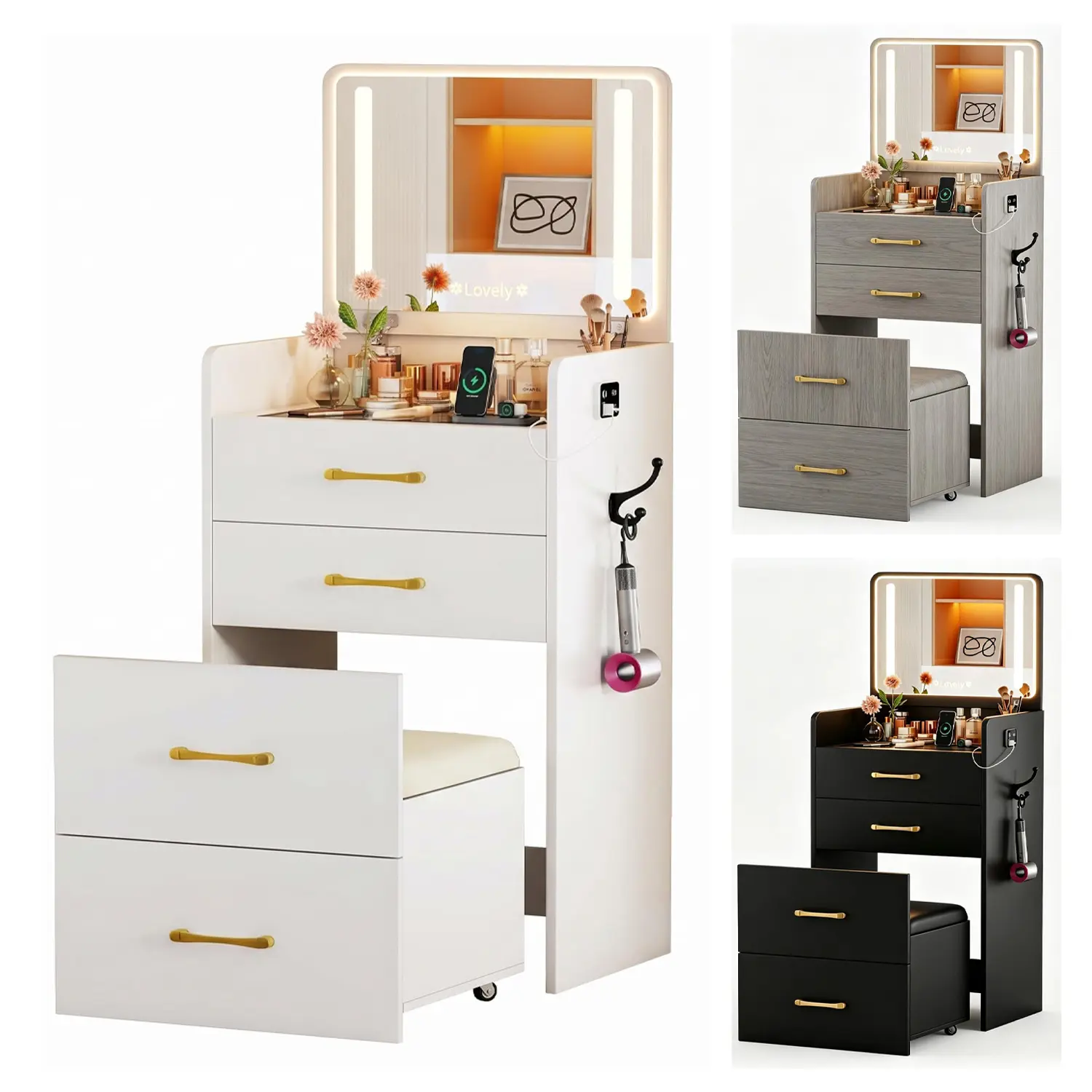 Mini Makeup Vanity Desk with LED Lighted Mirror, USB Charging Station, Hidden Rolling Stool, White | USB Charging Station