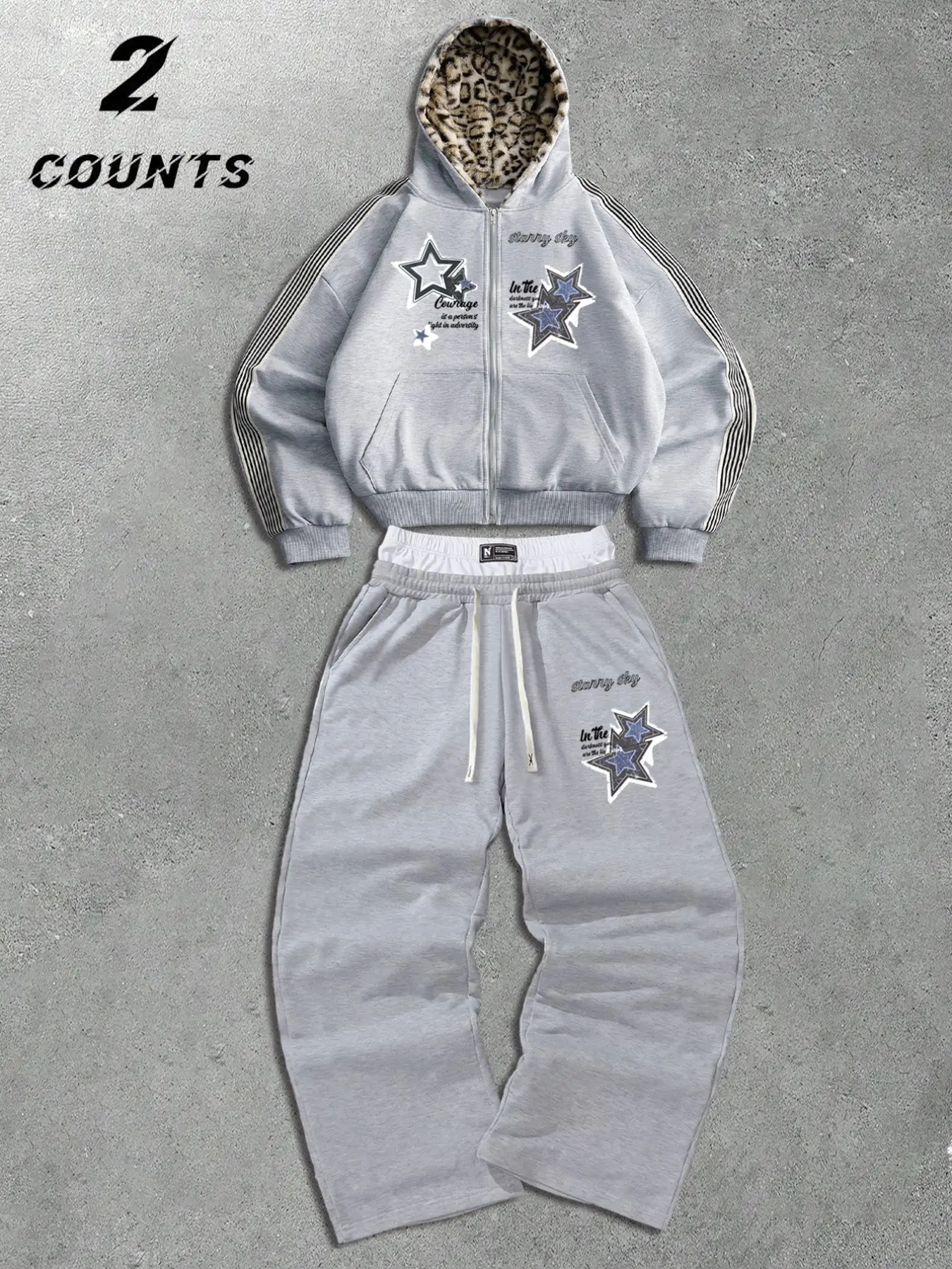 Vintage Retro Star Graphic Matching Set Full Zip Hoodie And Baggy Sweatpants, Leopard Inner Lining Hood, Side Stripe Sleeve, Elastic Waist Double Layer Waistband Trousers, Oversized Streetwear Tracksuit, Hip Hop Casual Outfit For Outdoor Festival Daily St