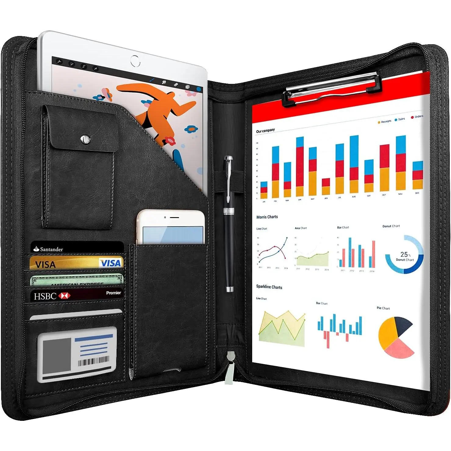 Zippered Padfolio Organizer,  Leather Planner Binder, 10.2 Inch Portfolio Folder for Documents, Letter Size Business Card Holder for Men&Women (Black)