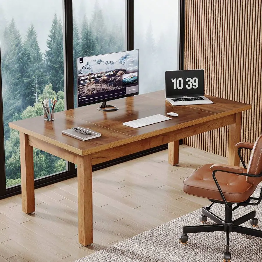 70 Inch Large Computer Desk, Farmhouse Office Desk Writing Study Desk With Solid Wood Leg's, Executive Desk With Thickened Frame And Board