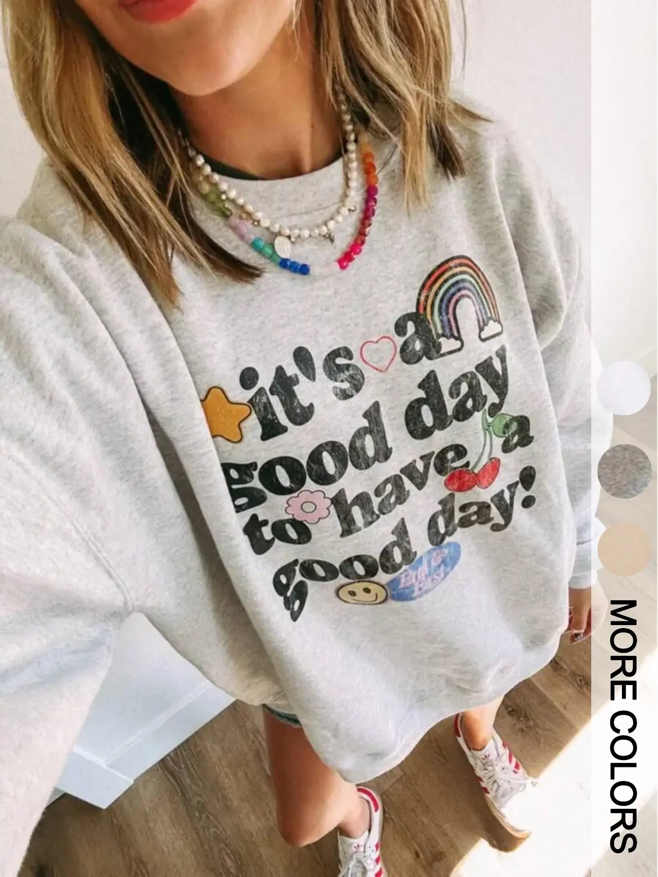 American Vintage Rainbow Smile Print Round Neck Day Sweatshirt for Women, Cream Apricot Loose Fit Casual Top, Fall & Winter Fashion