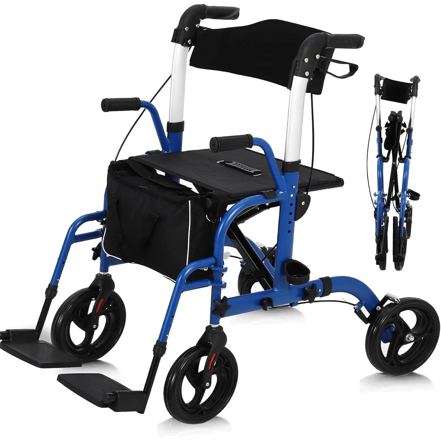 2-in-1 Wheelchair & Folding Rollator Walker with Seat – Convertible Mobility Aid with Adjustable Footrests for Seniors
