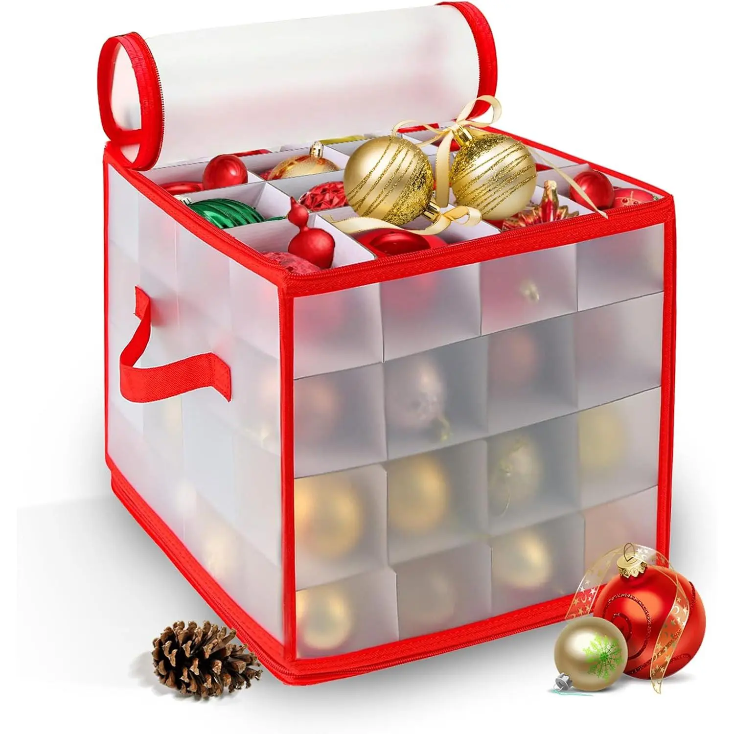 Christmas Ornament Storage Box, 64 Christmas Decoration Storage Box | Holiday Xmas Ornaments Container with Two Handles Lid, Double-Sided Trays with Durable Zippers for