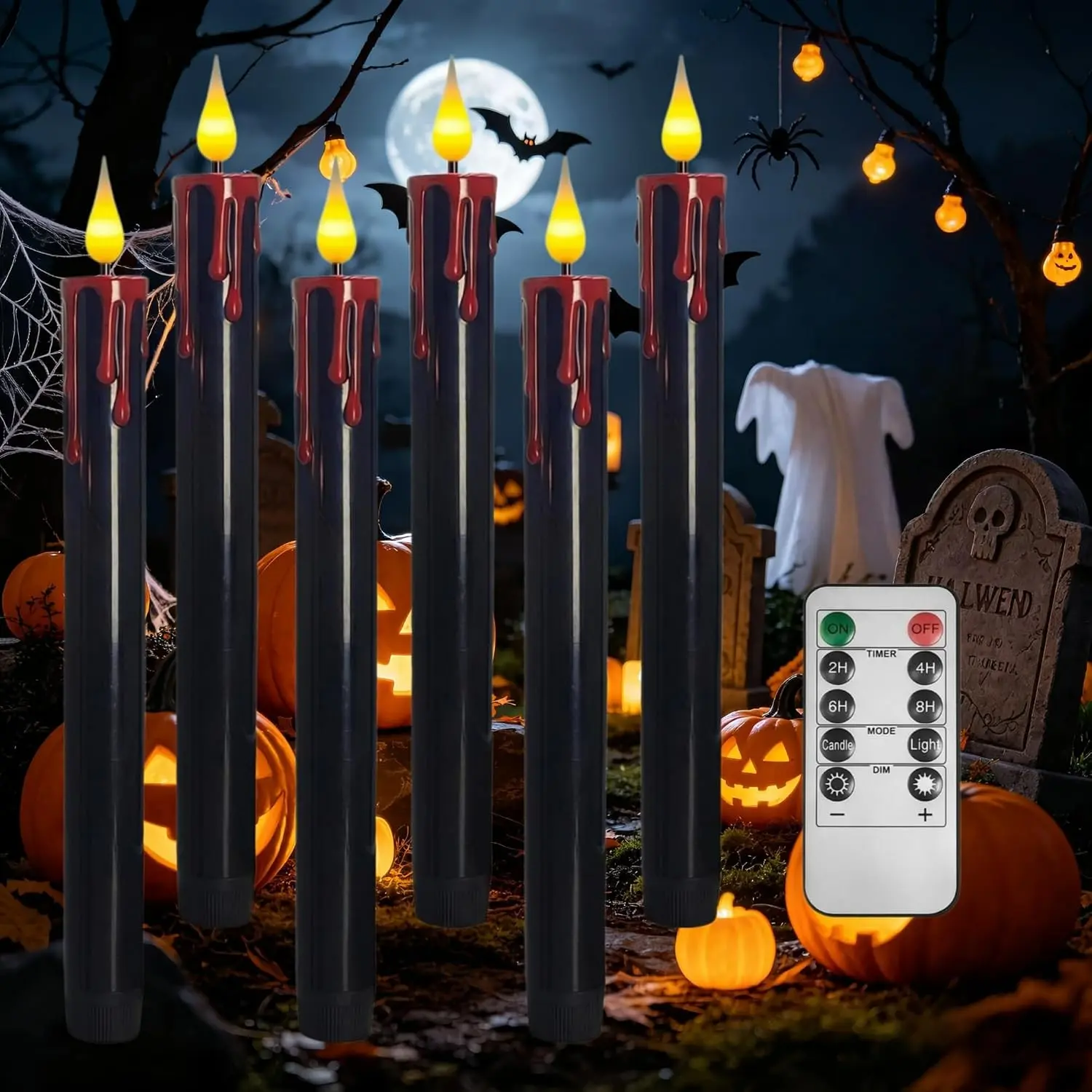 6-Pack Conical Candle Lights with Remote Control, Adjustable Flashing Warm LED Halloween Atmosphere Lamps, Ideal for Haunted Houses and Parties