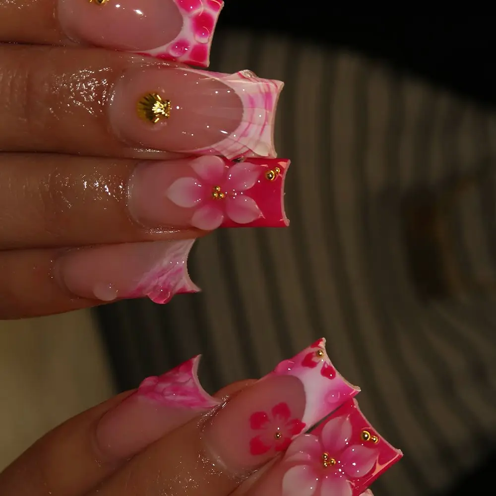 24pcs Long Square Acrylic Nails, Decorative Nails, 3D Floral Pearl Design, French Tip Gel Nail Set, Includes Jelly Glue & File, Perfect for Daily Use & Parties