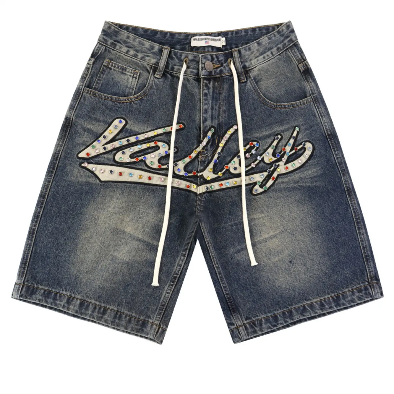 Valley Rhinestone Cursive Denim Shorts Vintage Washed Blue Jean Loose Fit Oversized Y2K Streetwear Hip Hop Baggy Jorts Bermuda Drawstring Summer Men Trendy Bottom