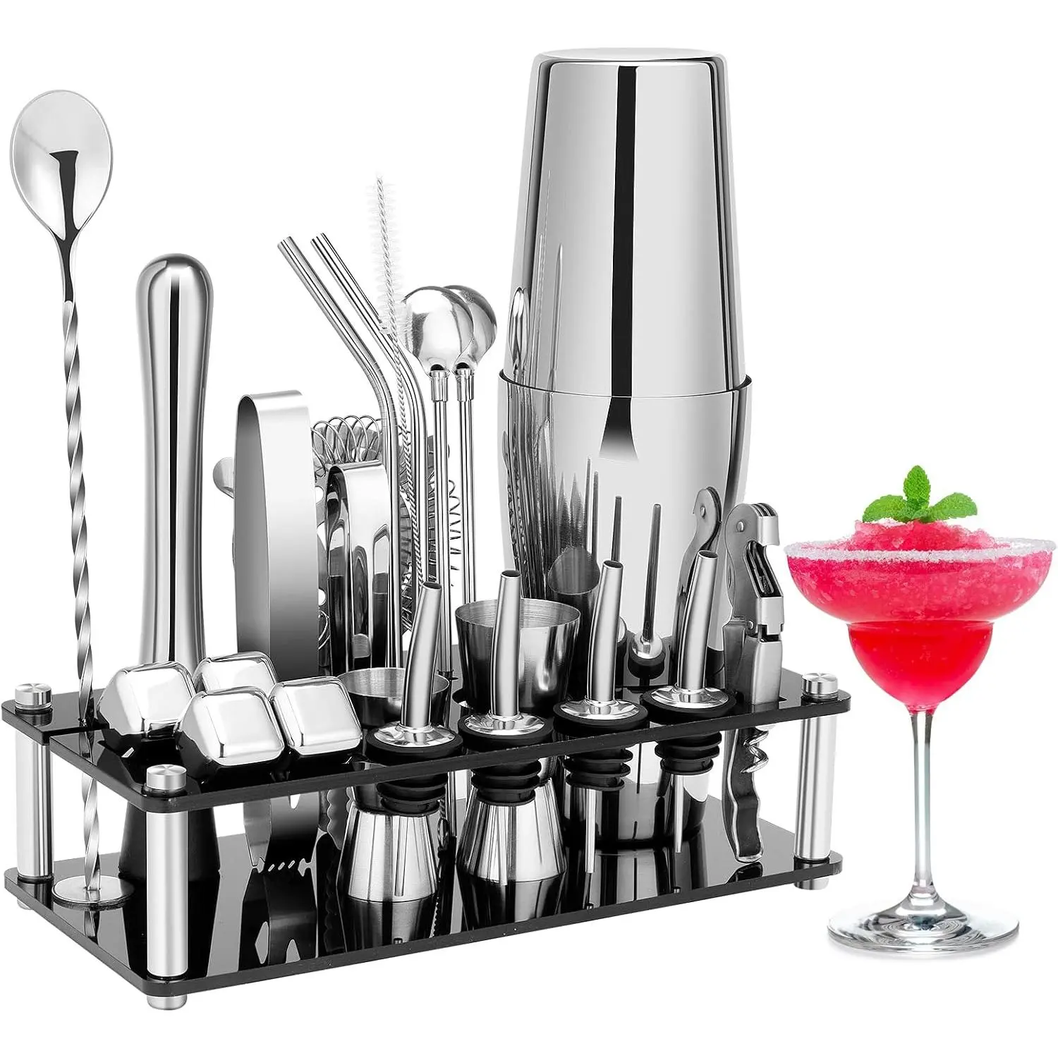 Cocktail Shaker Set, 23 Piece Bartender Kit with Stand Silver