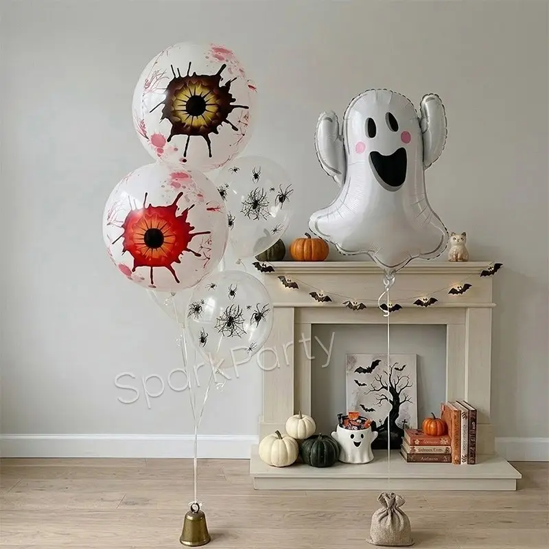 5pcs/set Halloween Balloons, 22-Inch Eye Shape Latex Balloon, Ghost Shout Foil Balloon, Spider Stickers, Scary Spooky Decorations