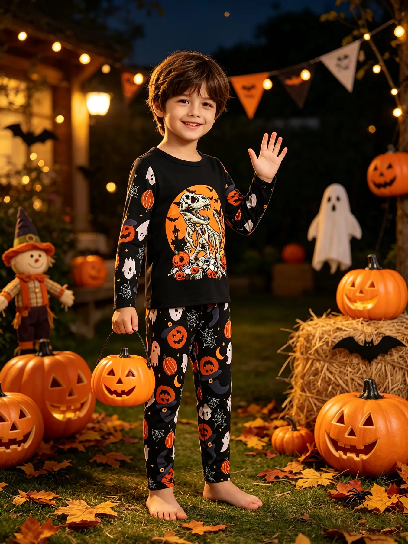 Boys' Halloween Dinosaur Print Pajama Set, Long Sleeve Round Neck, Spring & Fall Thin Sleepwear, Cute Loose-Fitting Home