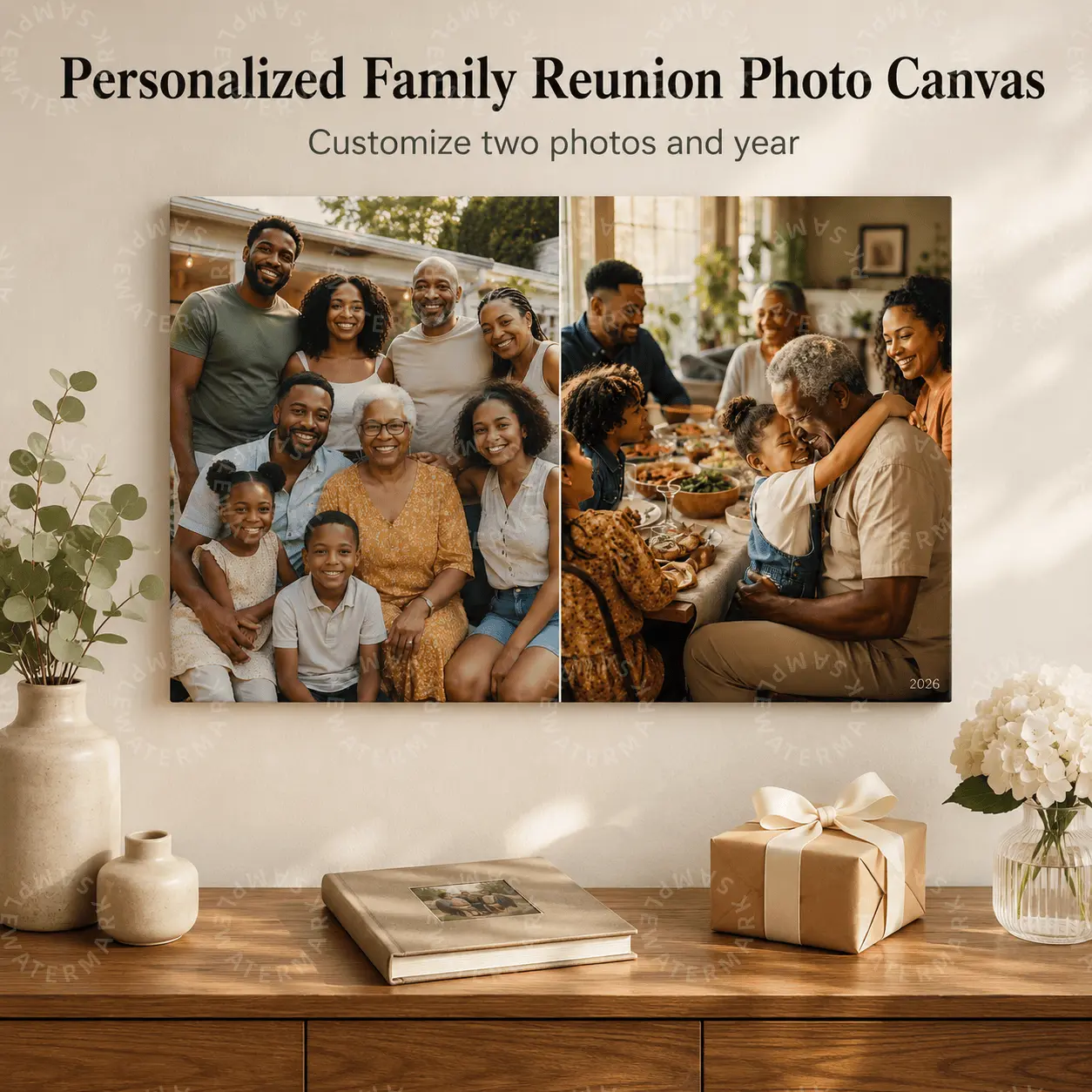Personalized Family Reunion Photo Canvas - Custom 2-Photo & Year Artwork, Family Memory Keepsake, Living Room Decor, Grandparents Gift wall decor posters