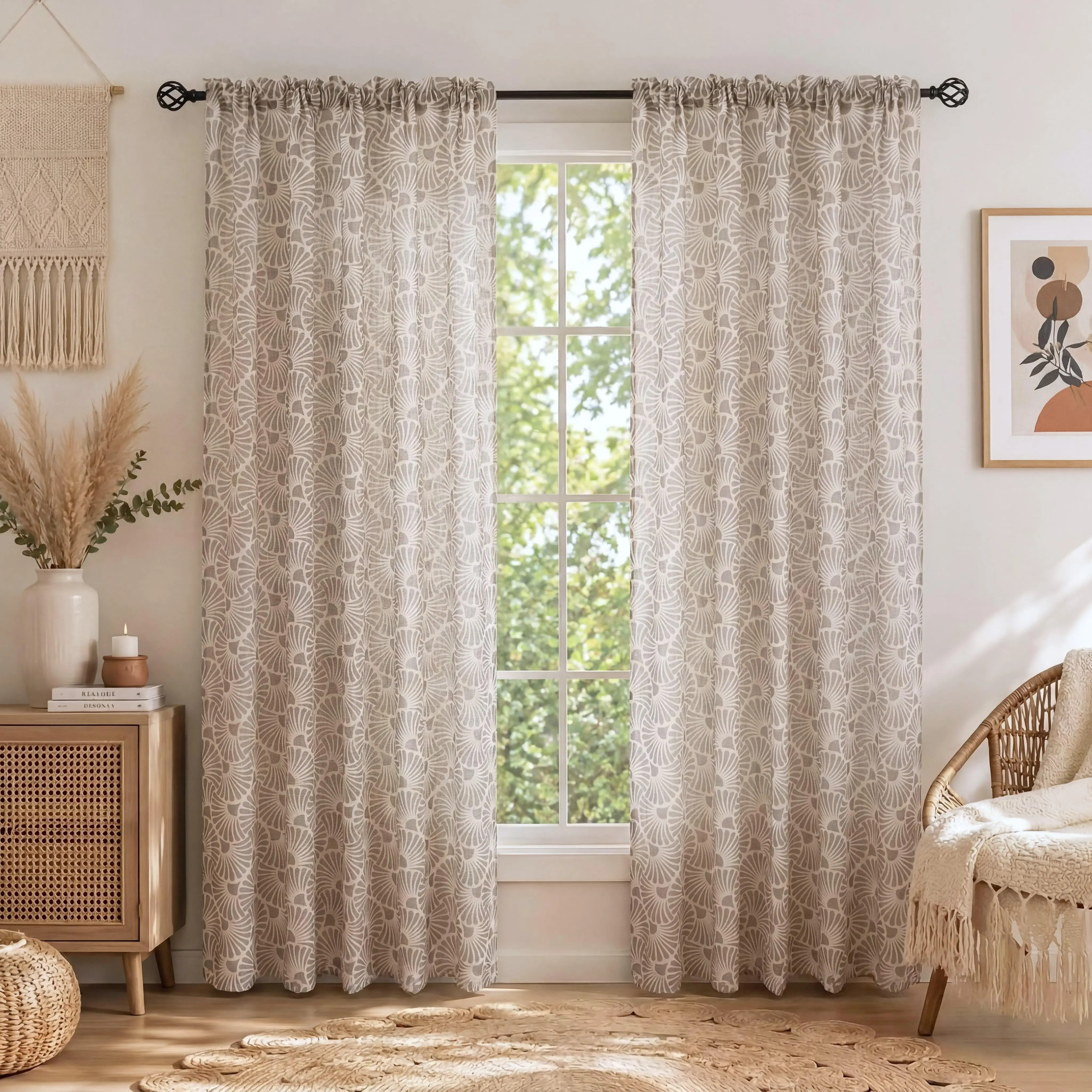 Traditional 4-Panel 52"x84" Printed Heavy Bamboo Yarn Semi-Sheer Rod Pocket Curtains, Breathable Durable Dustproof Flat Weave Elegant Scallop Floral Drapes, for Bedroom Living Room Home Decoration, FT5502 Summer Gift