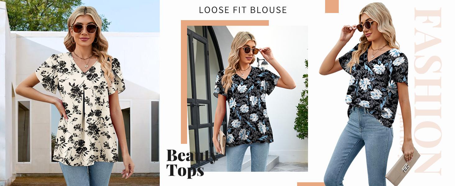 Women's Summer Tops Short Sleeve Dressy Chiffon Blouses V Neck Work Tunic Tops Casual Loose T-Shirts with Pleated Stitched A-Line Design #Springfresh