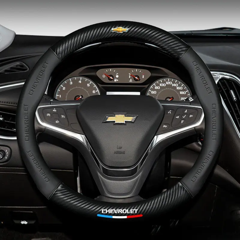 37.5cm Leather Car Steering Wheel Cover, Carbon Fiber Leather, Anti Slip, Fashionable, for Chevrolet Models, Durable & Stylish Design