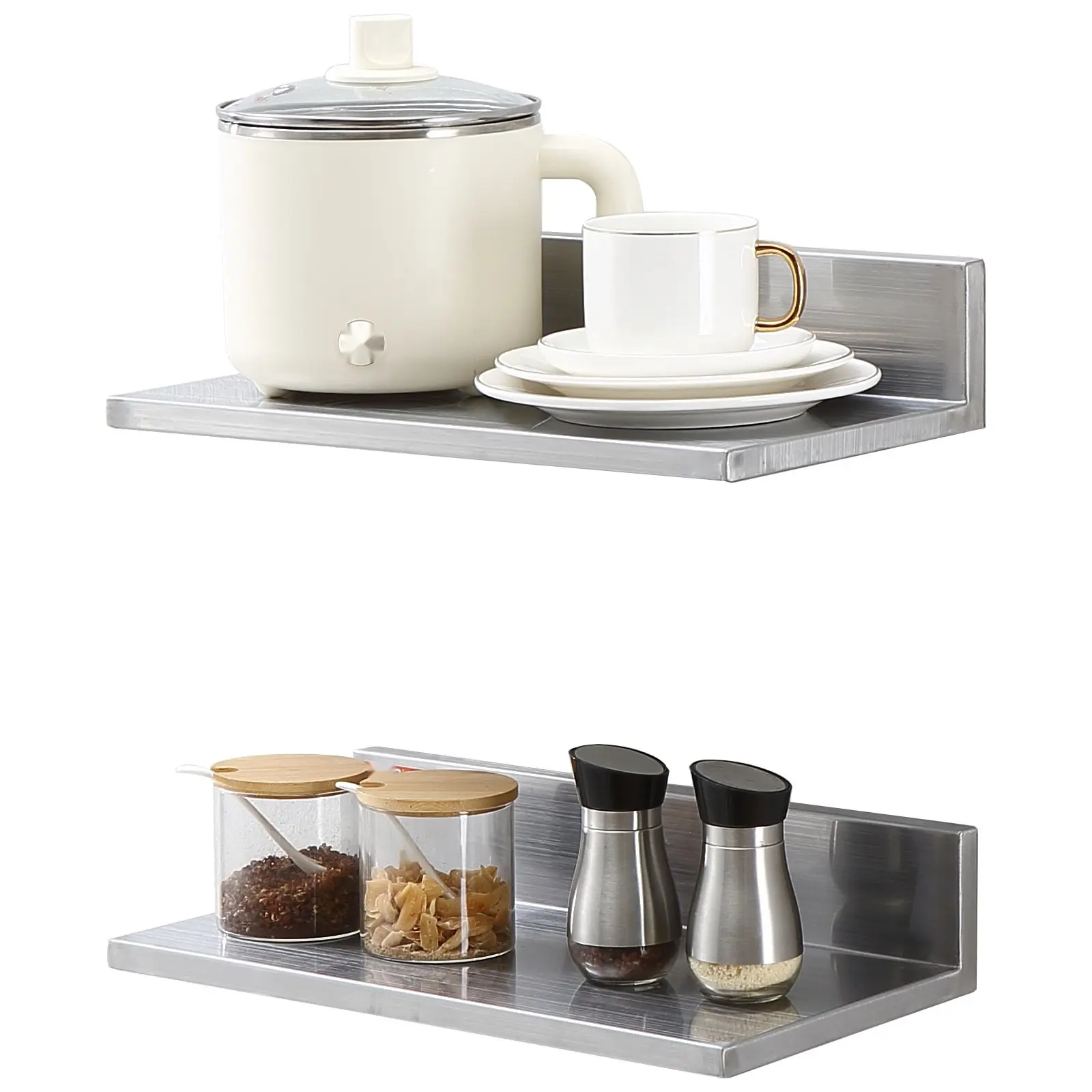 2-Pack Heavy Duty Brushed Finish Stainless Steel Wall-Mounting Floating Shelves (8.6x16in) with Backsplash, 44Lb Load Capacity, Commercial Storage Rack for Home Decor, Restaurant, Kitchen