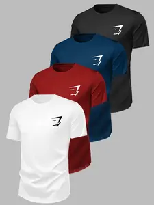 4-Pack Short Sleeve T-Shirts for Men, Casual Fitness Wear, Lightning Arrow Print, Breathable Fabric, Unisex, Ideal for Running & Leisure