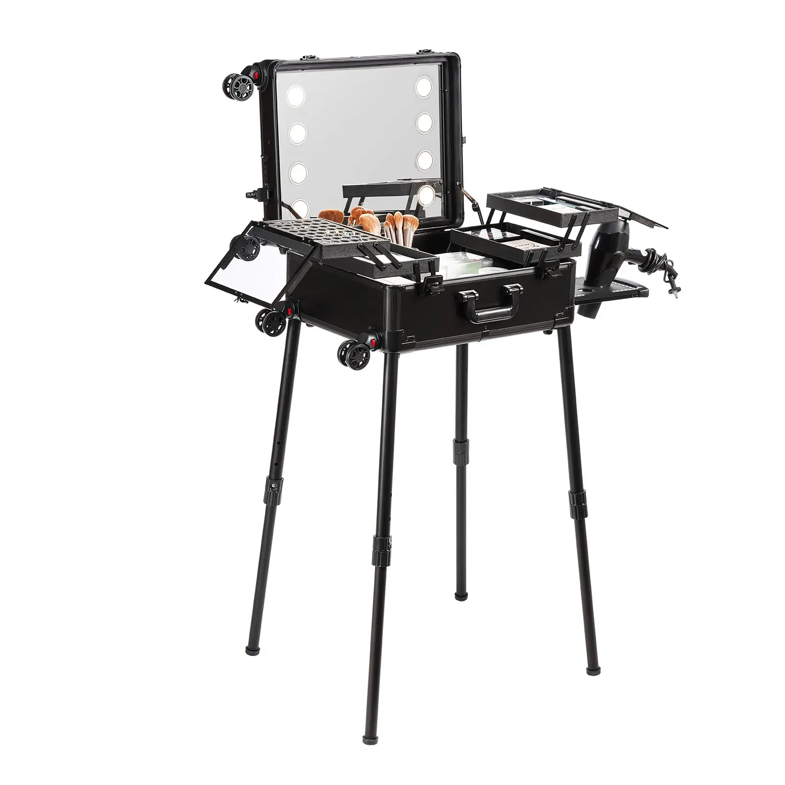 【Summerfinds】VEVOR Makeup Train Case with Lock, Lighted Mirror, 4 Storage Trays, Brush Holder, Travel Cosmetic Organizer Box w/ Swivel Wheels, Professional Artist Trolley Studio Free Standing Case
