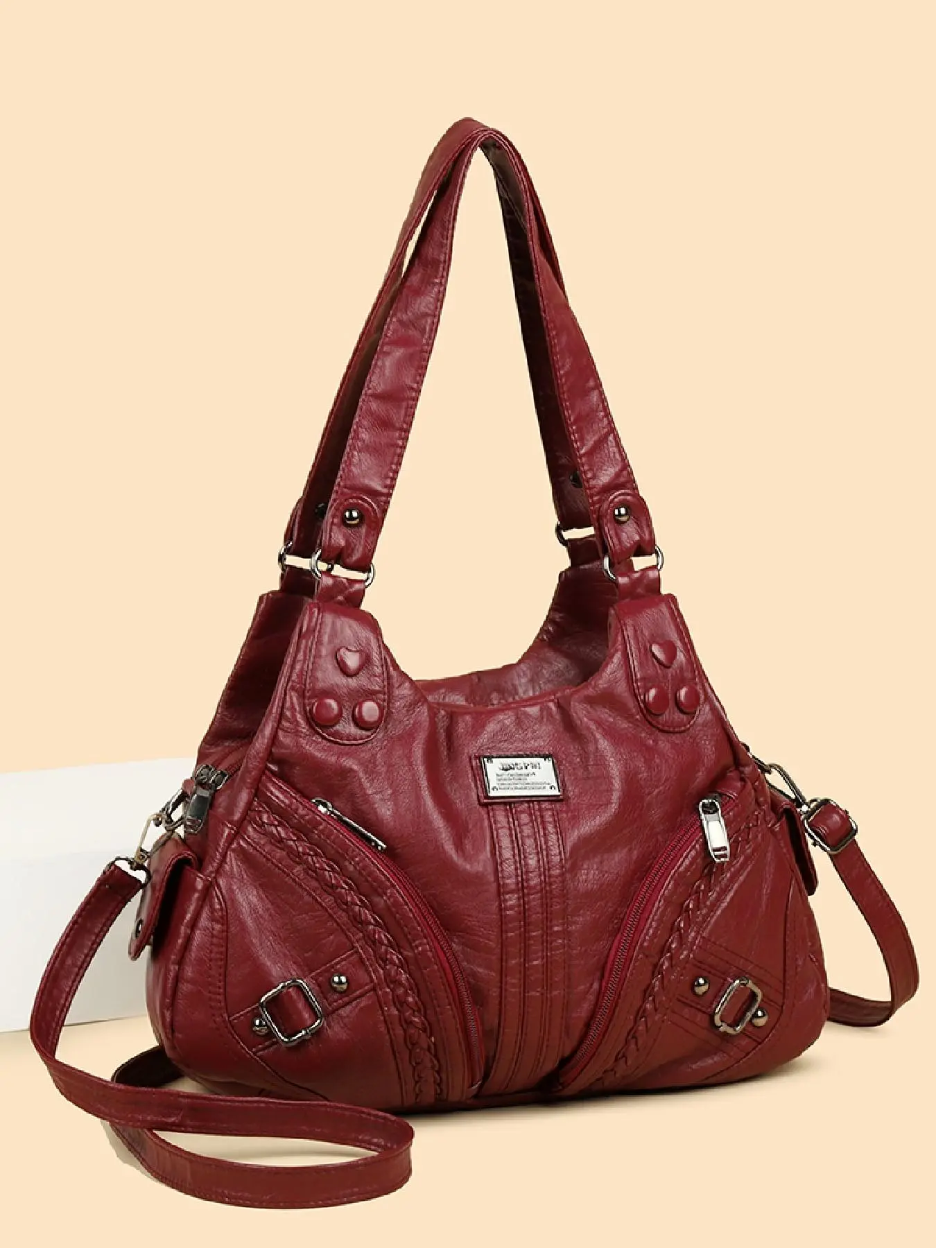vintage washed soft leather hobo tote, detachable strap crossbody shoulder bag, rivet braided multi pocket mom bag, large capacity commute handbag, retro worn casual shopping purse, multi zipper layered everyday bag, Fashion Crossbody Bags