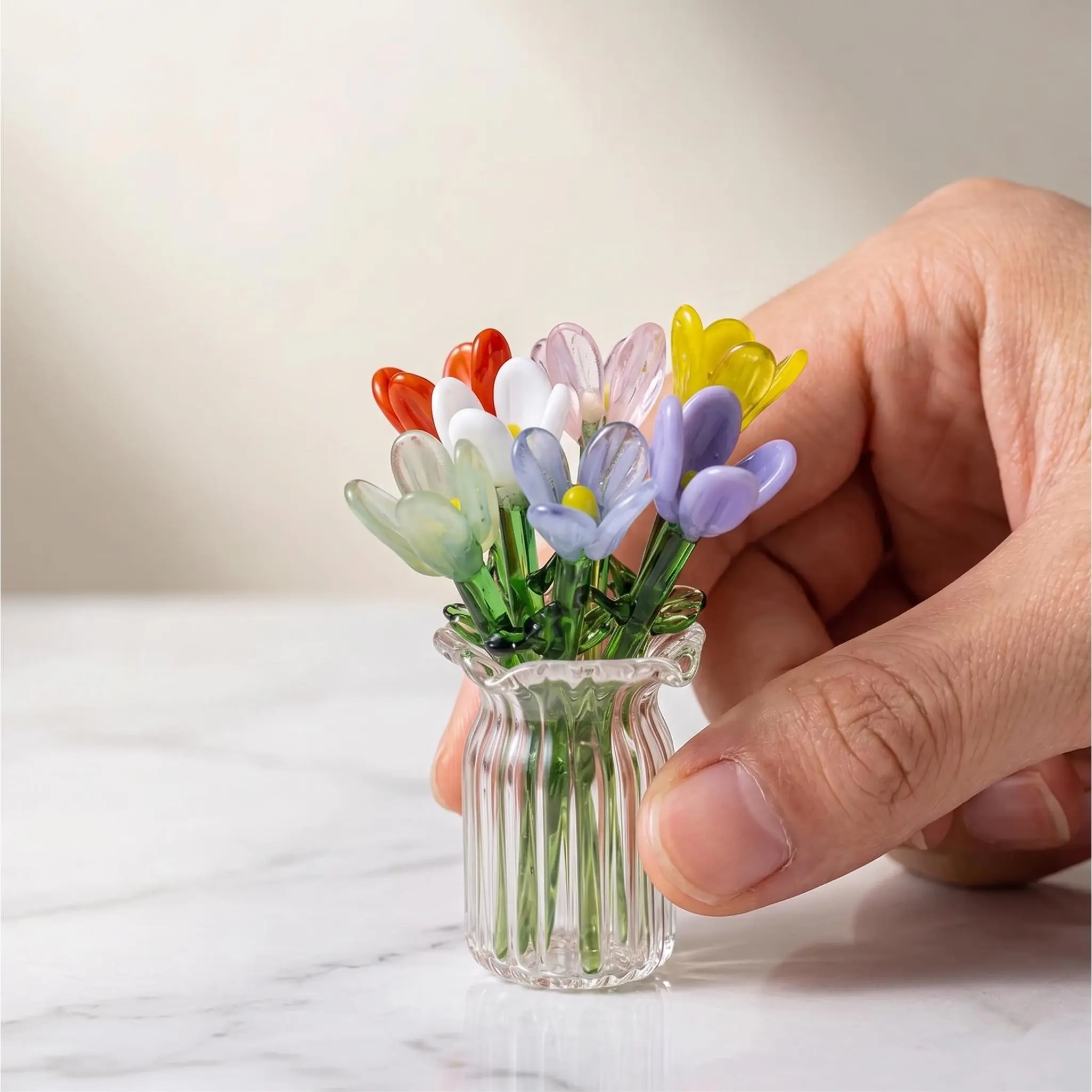 Handmade Mini Glass Flower Bouquet Set, Colorful Artificial Flowers with Vase, DIY Floral Arrangement, Desktop Decor, Small Home Decoration Gift