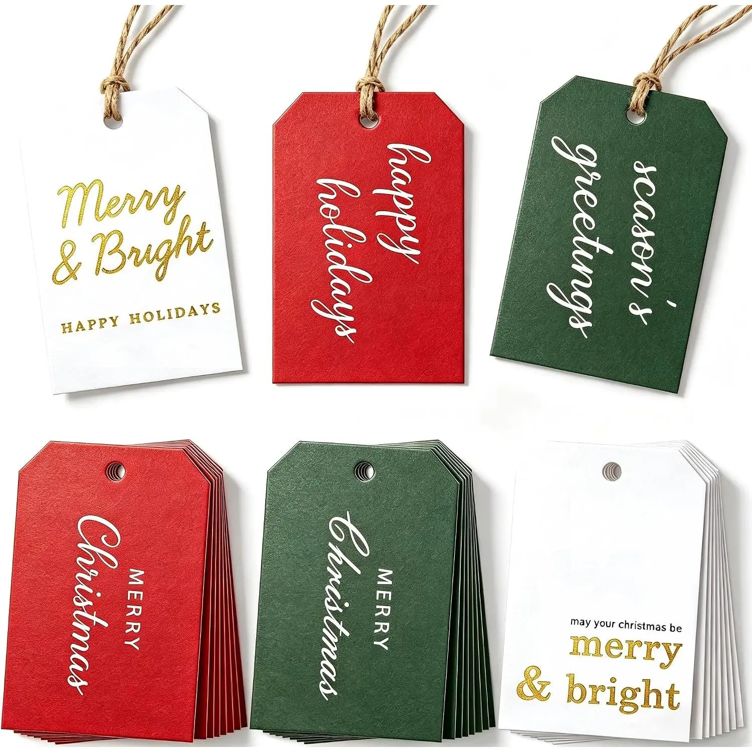 Christmas  Tags for Presents- 48 count Beautiful Modern Merry Christmas Name Paper Labels with String Attached Stickers, Xmas Holiday  Tag