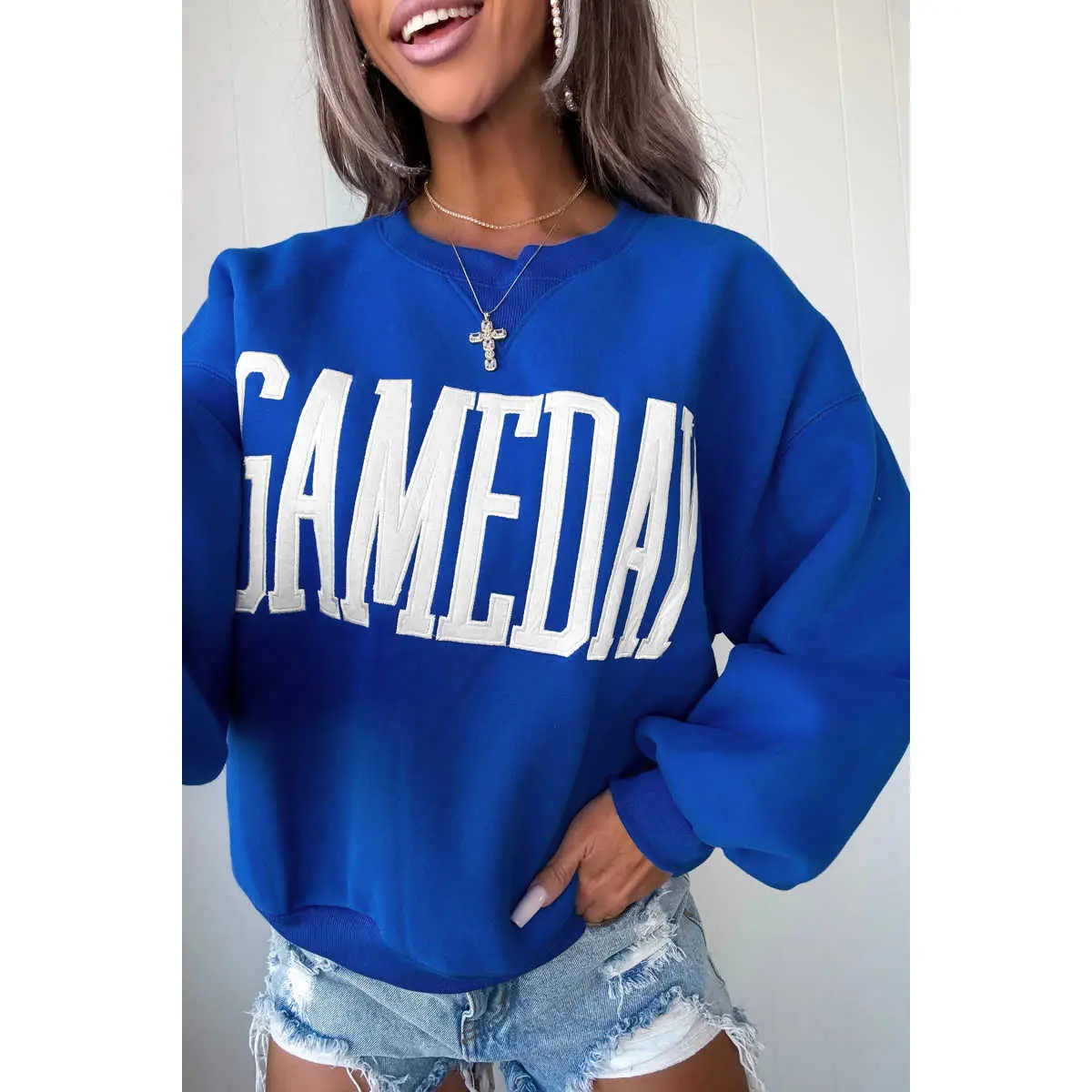 Sky Blue GAMEDAY Embroidered Patch Pattern Casual Shift Sweatshirt
