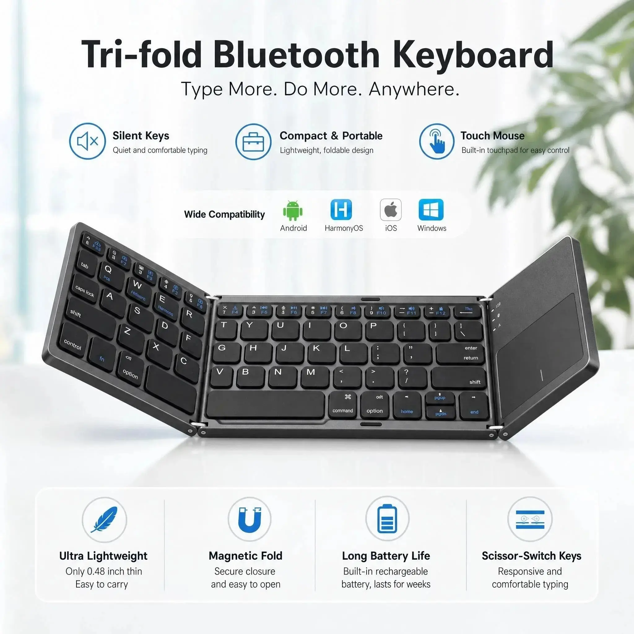 Foldable Wireless Keyboard with Touchpad, Ultra-Thin Portable Battery-Powered, Compatible with Android Windows iOS Tablets Laptops