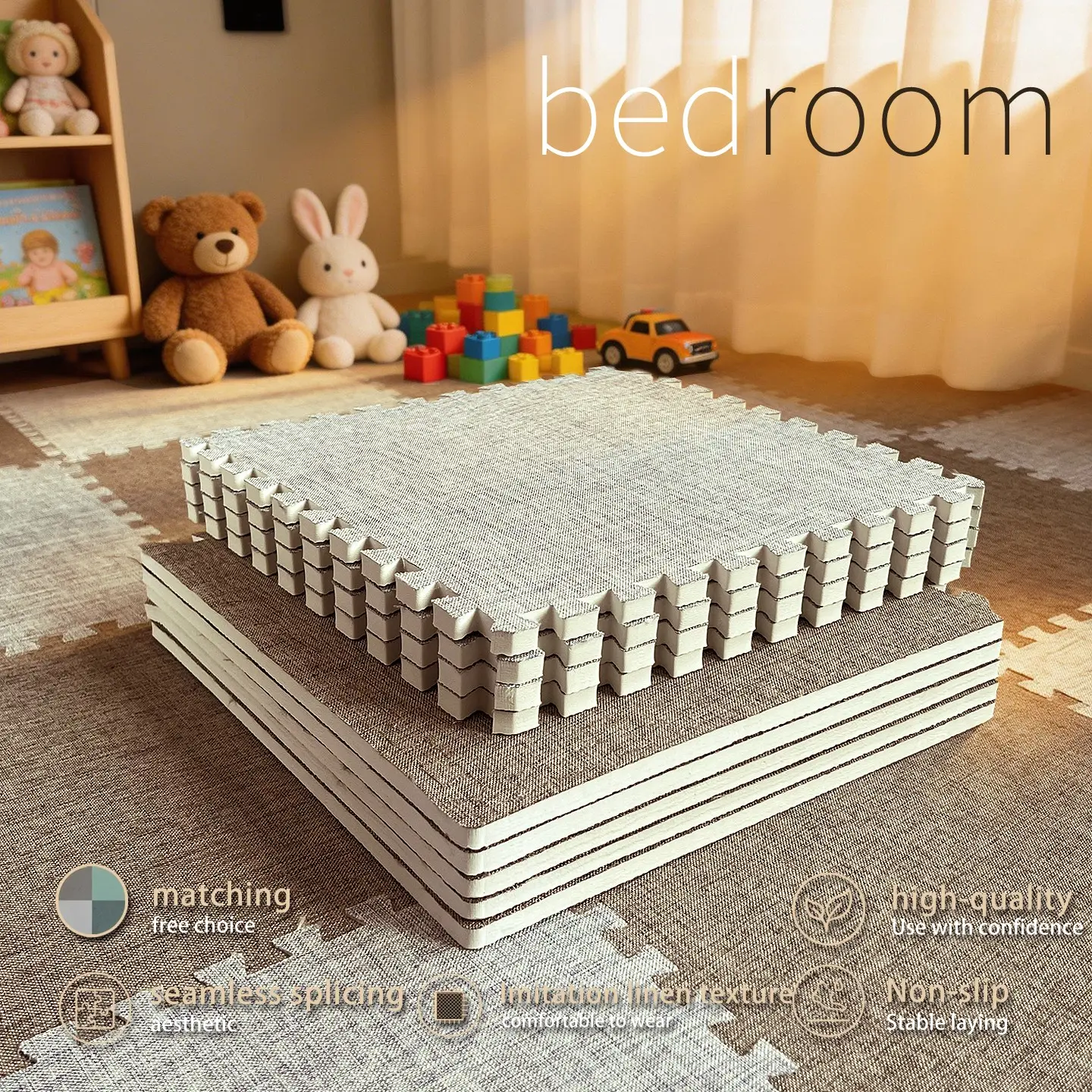 20 Piece Floor Mat Set, Linen Look Foam Mats, Square Interlocking Rugs, Washable Thick Pads, Minimalist Style, Small Rug, Floor Protection