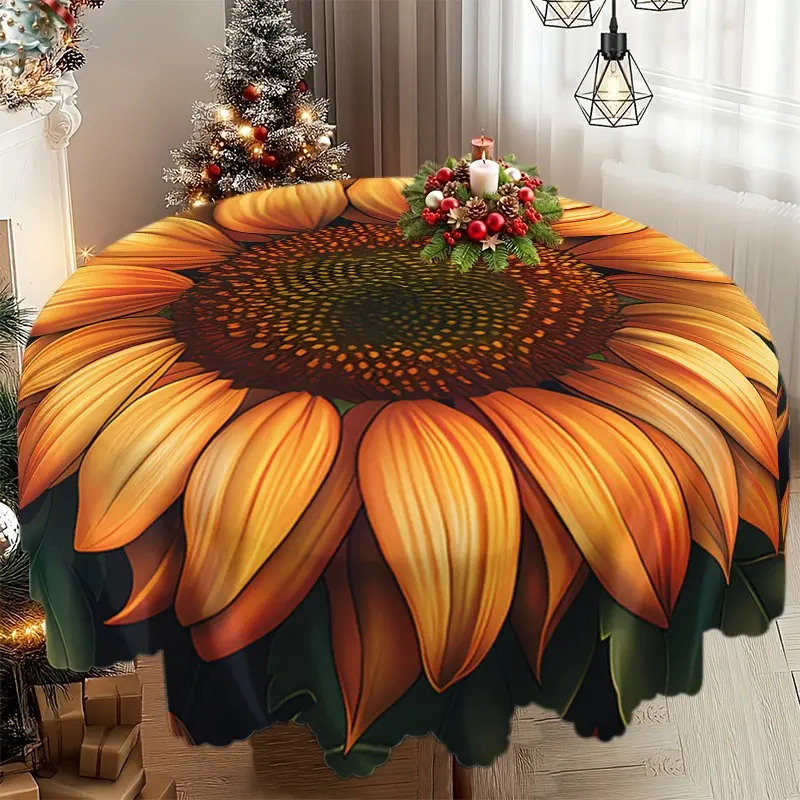 Autumn Sunflower Pattern Round Tablecloth, Polyester Material, Ideal for Picnics, Camping, Weddings, Parties, Retro Home Decor, Thanksgiving Table Accessory