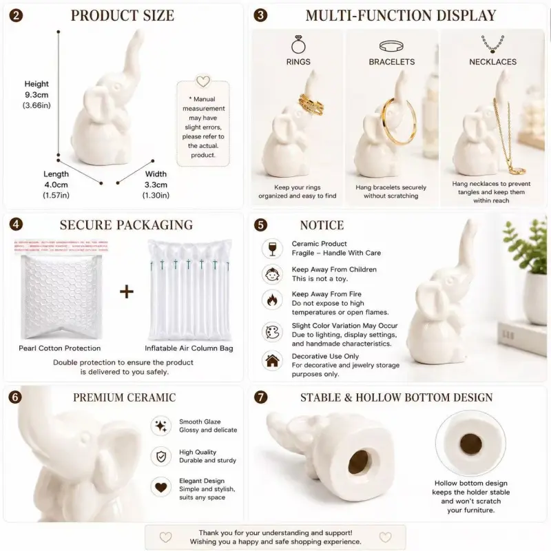 Ceramic Elephant Ring Holder, Cute White Elephant Figurine Jewelry Stand for Rings, Earrings, Engagement Ring Display & Home Decor