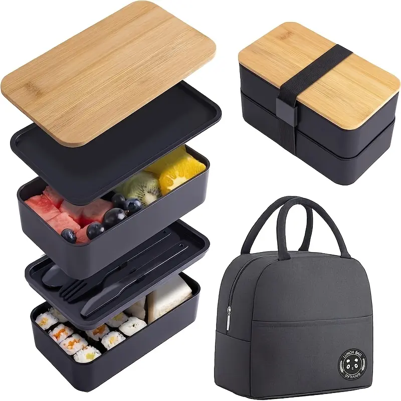 Japanese Style 2-Tier Lunch Box with Insulated Bag, Leakproof Bento Box with Spoon Fork Knife, Microwave Safe, Large Capacity Stackable Reusable Food Container for School Work Travel