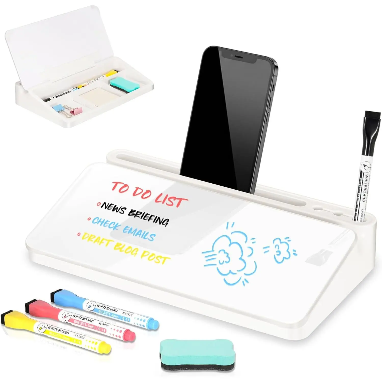 12''x7'' Glass Desktop Whiteboard Small Dry Erase Board with Storage Drawer  Keyboard Stand Desk Organizer Office Accessories School Supplies with 4 Markers, White