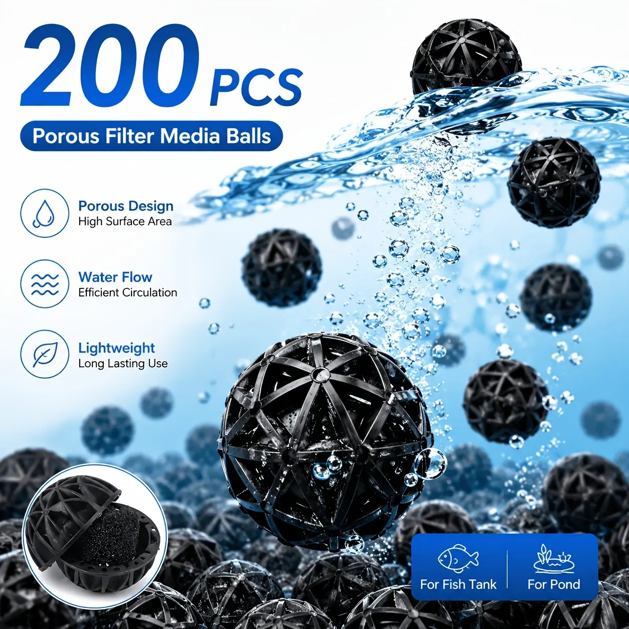 200-Pack Aquarium Biofilter Balls, Porous Filter Media, High-Efficiency Bacterial Cultivation, Suitable for Fish Tanks and Ponds, Aquarium Accessories, Aquarium Supplies