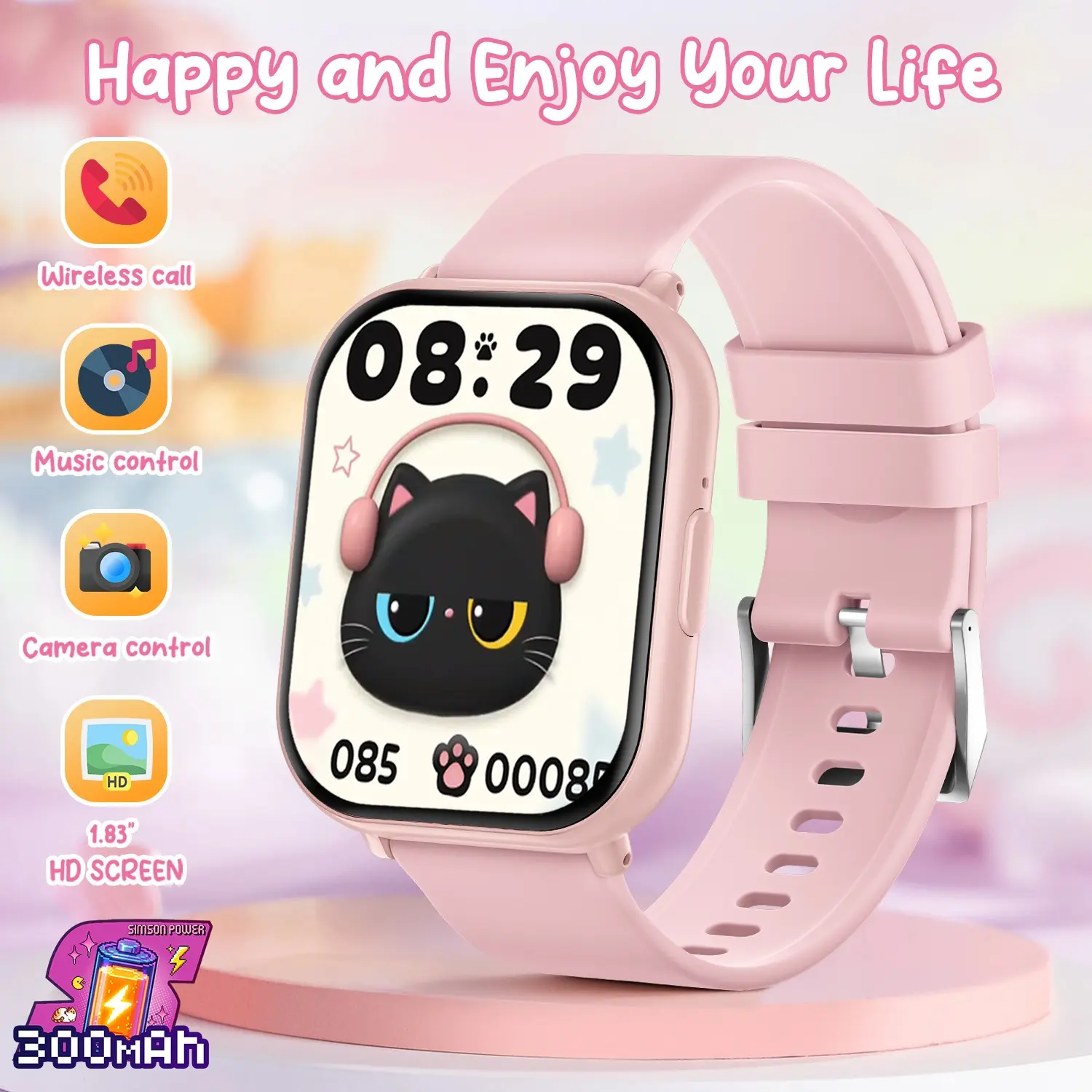 Smartwatch for Kids, Low Power Consumption Sports Call Bracelet, Voice Assistant, Wireless Calling, Pedometer, Calculator, Clock, Water Drink Reminder,Music Playback,Multiple Watch face switching,large capacity battery,Birthday Gift for children