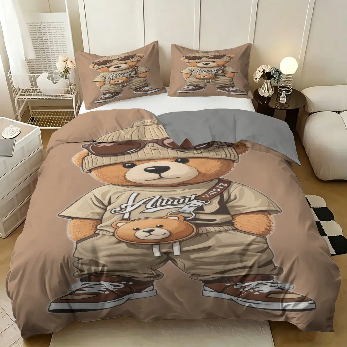2/3pcs Teddy Bear Pattern Duvet Cover Set, Cool Cartoon Teddy Bear Wearing Sunglasses And A Knitted Hat Printed Bedding Set, Bed Covers, Soft And Comfortable, 1 Duvet Cover + 1/2 Coreless Pillowcases, Zip Closure, For Teen Boys Kids Room Decor
