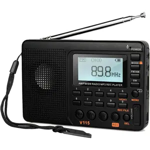 V115 Shortwave Radio, Digital Radio AM FM, Shortwave Receiver with 1000mAh Rechargeable Battery, Presets, TF/AUX Playback and Recording, Bass Speaker, for Camping