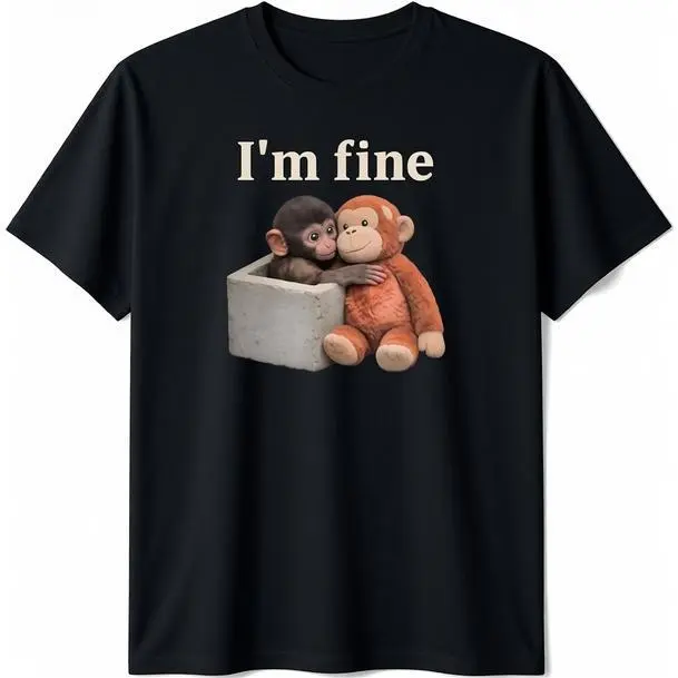 Men's Casual Cotton Short-Sleeve Streetwear T-Shirt - Sad Monkey Punch, Orange Toy, "I'm Fine" Graphic, Comfortable Fit, Shortsleeve, Fashion, Basic, Round Neck, Tee, Tops, Classic