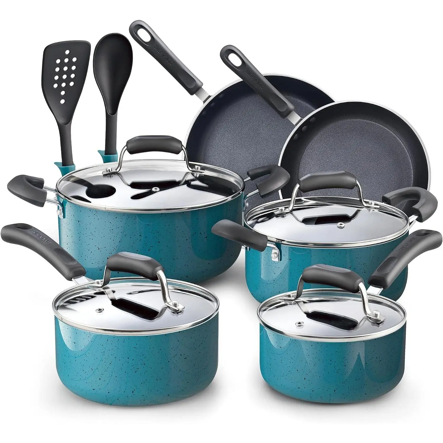 Turquoise 12-Piece Professional Nonstick Plastic & Glass Cookware Set, Kitchen Cooking Set with Fry Pans, Saucepans, Oil-Ready Spatula, Induction Compatible, Lid