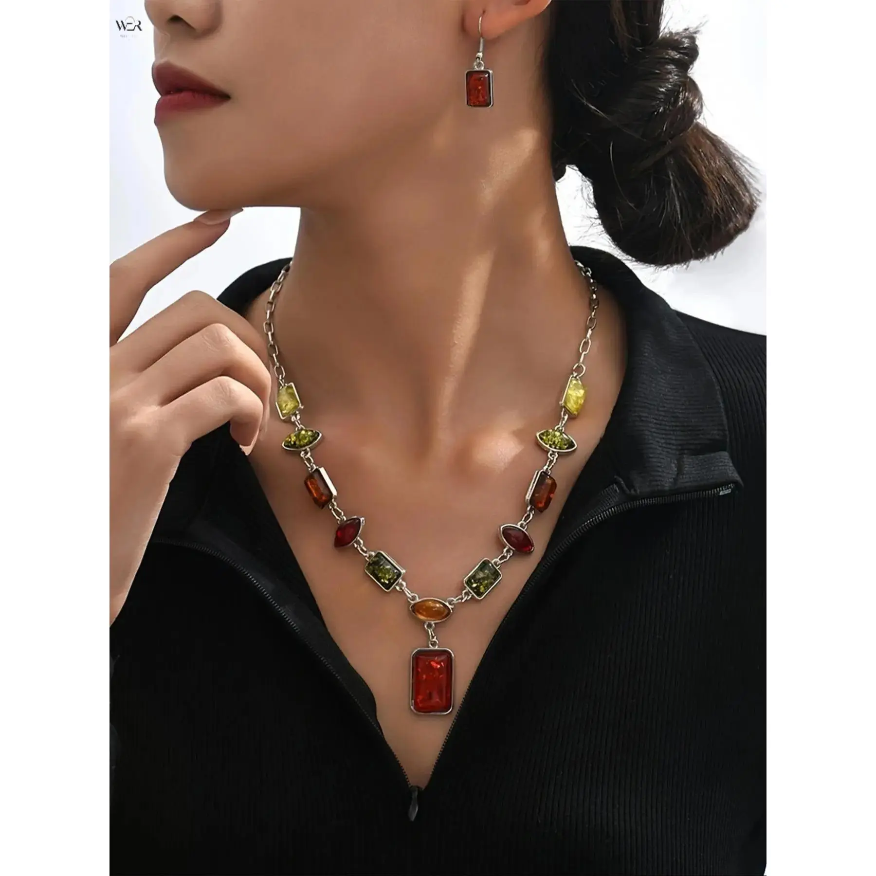 Silver Tone Multicolor Amber Resin Necklace Earrings Set Bohemian Vintage Style Adjustable Chain Lightweight Fall Colors Statement Daily Wear Special Occasion Perfect Gift Women Girls Fashion Jewelry Accessory
