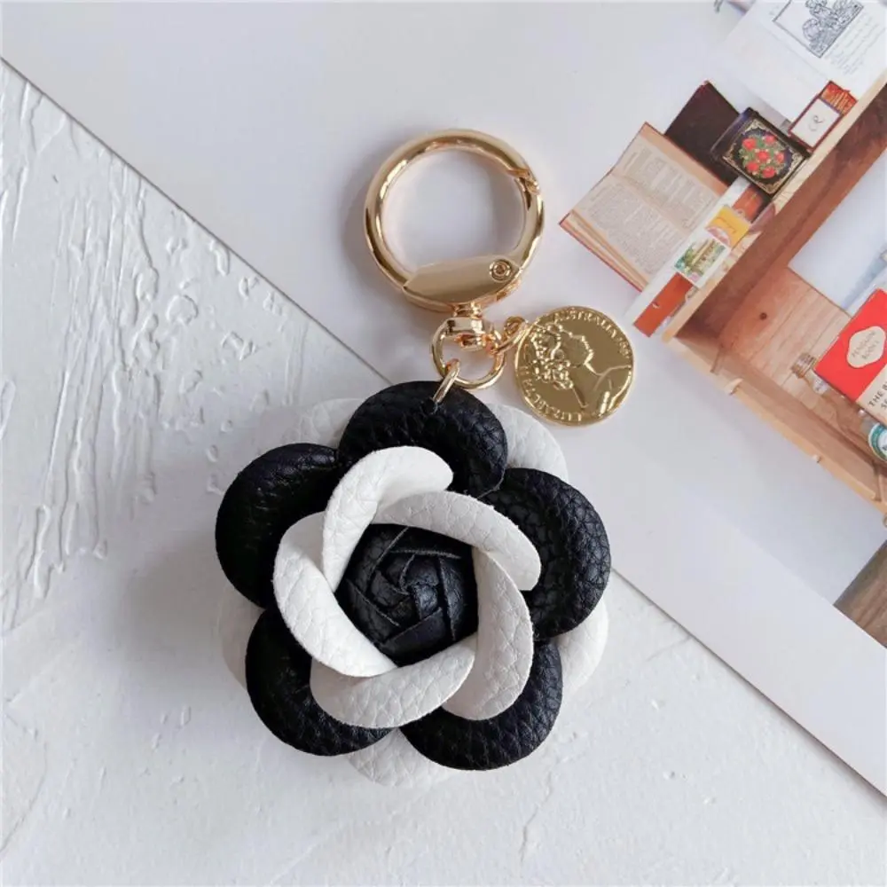 Black & White Camellia Handbag Charm - Leather Flower Keychain with Pearl Detail, Gold Hardware, Accessory for Purses, Handbag Charms, Keychain Bag Charm