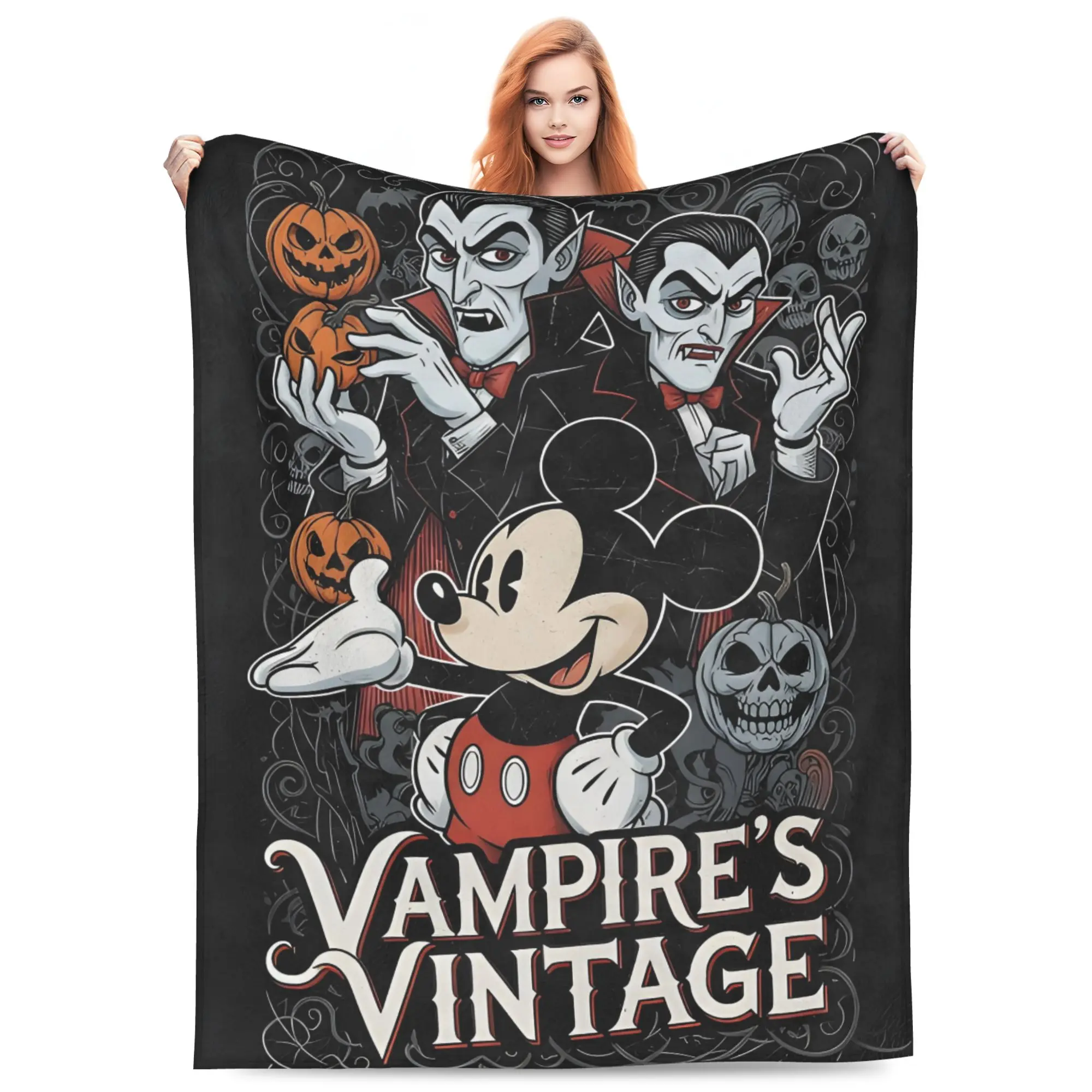 DISNEY CLASSIC Vampire's Vintage Mickey Halloween Throw Blanket, Retro Mickey with Vampire Count Dracula Pumpkin Skull Spooky Gothic Black Background Print, Soft Flannel Lightweight Cozy Blanket for Sofa Bed Halloween Decor