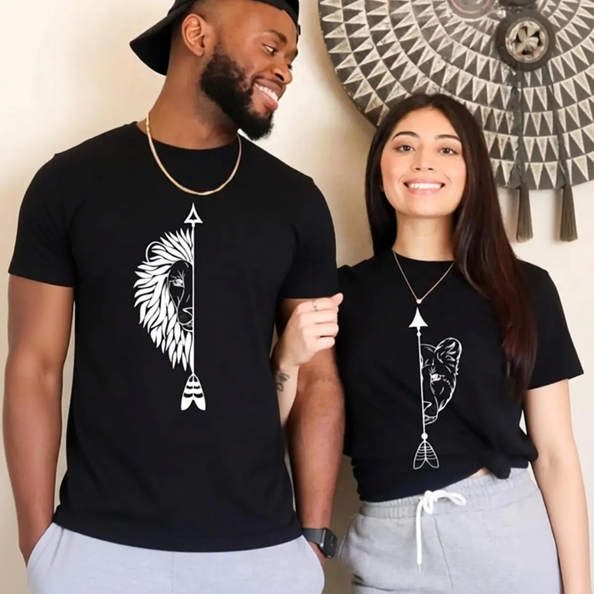 Couple's Matching T-Shirt Set, Lion & Lioness Graphic, Comfy 100% Cotton Fabric, Basic Casual Short Sleeve Crew Neck Tee for Him and Her, Shortsleeve, Clothes, Fashion, Year-Round, Women, Double Stitched, Round Neck