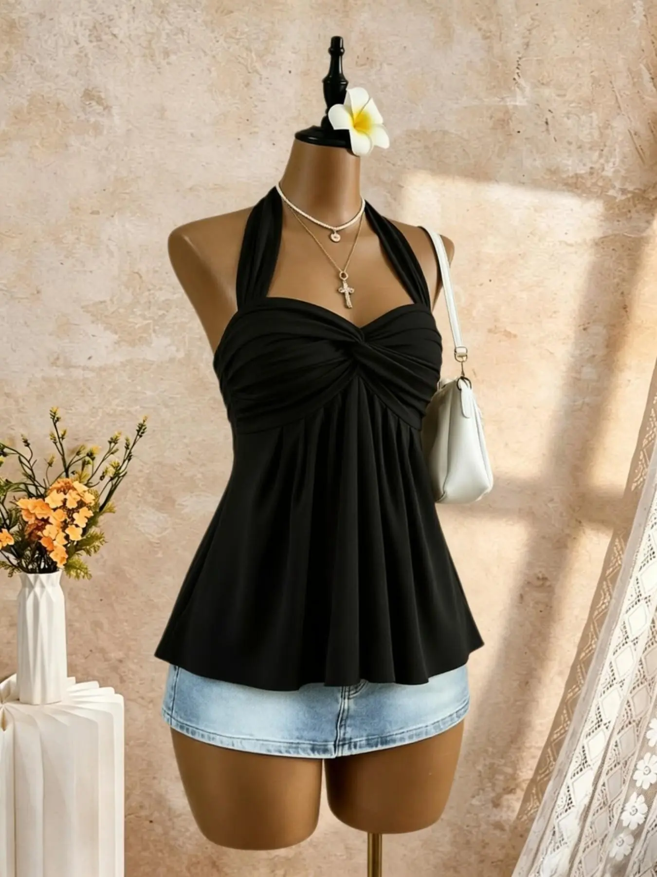Women's Summer Plain Halter Neck Knot Ruffle Vest, Waist Cinch Slimming Vacation Sleeveless Top, Elegant and Chic Casual Top