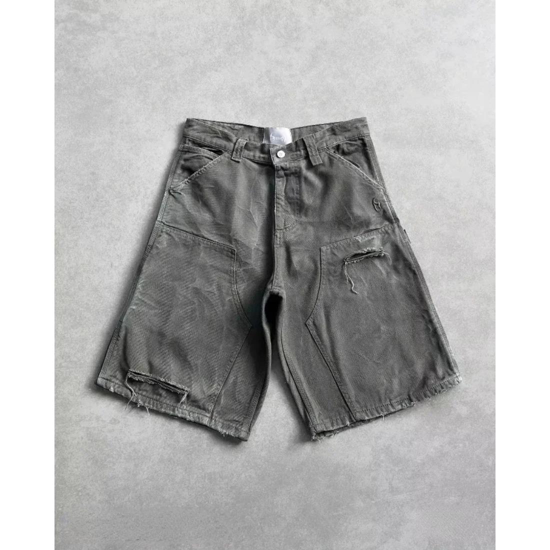 American Retro Gothic Halloween Geometry Graffiti Print Denim Shorts Men Women Y2k Low Waist Baggy Knee Length Jeans Jorts Short Streetwear Trendy Vintage 90s Style Cool Hip Hop Casual Festival Unisex