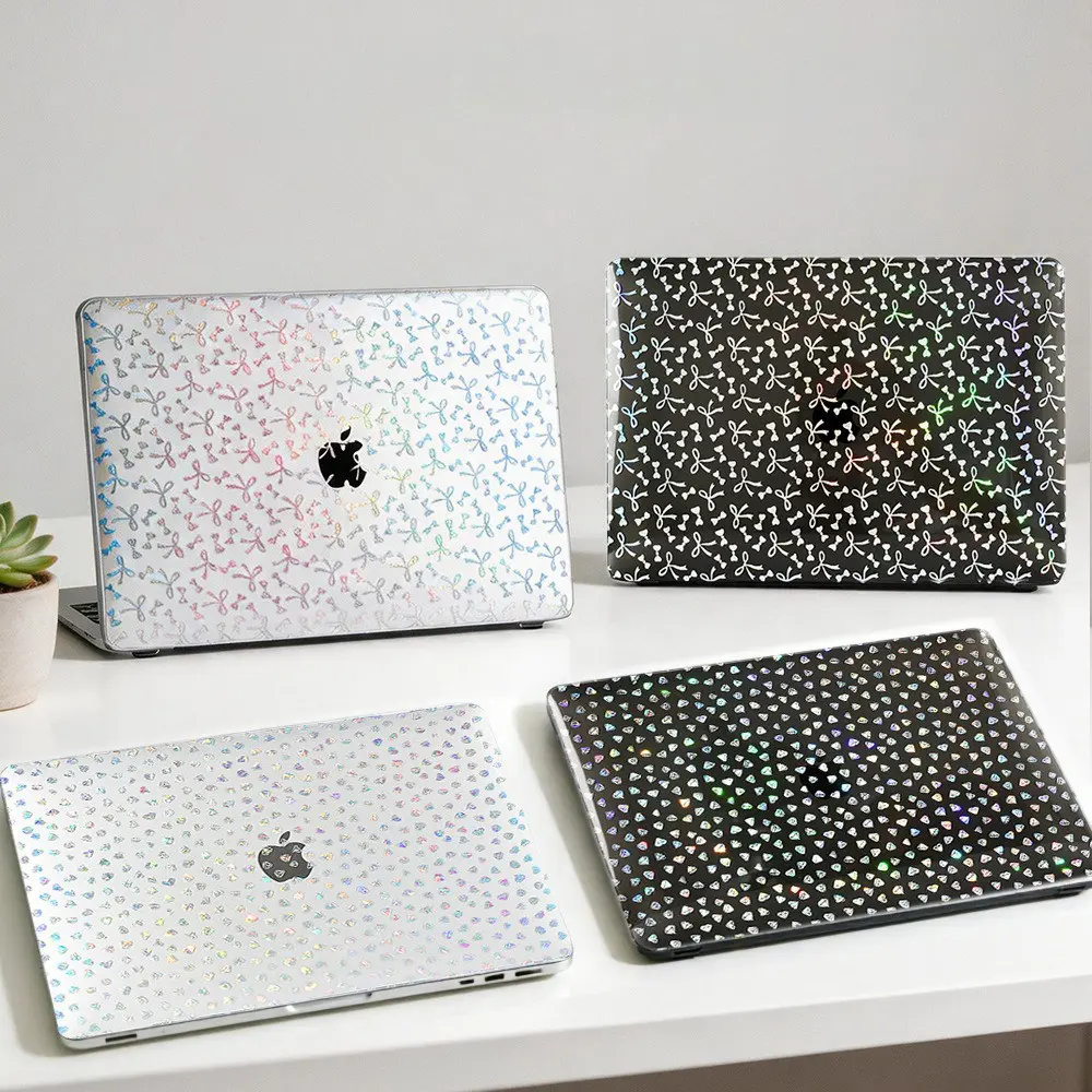 Holographic Glitter MacBook Hard Case, Cute Tiny Bow & Dot Laser Sparkly Laptop Cover, Matte Transparent Solid Shell, Shockproof Protective Skin for MacBook Air Pro All Models, Aesthetic Ins Trendy Girly Notebook Case